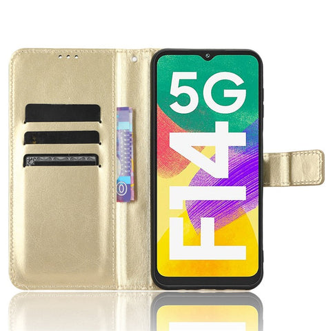 For Samsung Galaxy F14 5G Anti-Dust Crazy Horse Texture Phone Case Stand PU Leather Wallet Shell
