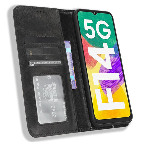 For Samsung Galaxy F14 5G Magnetic Closure Phone Cover Retro Stand Wallet Flip PU Leather Phone Case