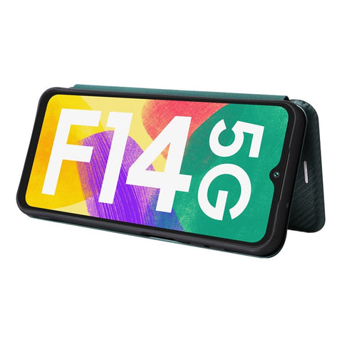 Phone Case for Samsung Galaxy F14 5G PU Leather Carbon Fiber Texture Stand Cover with Card Slot