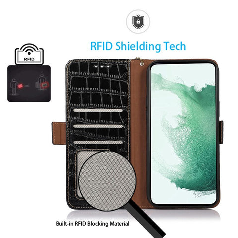 For Samsung Galaxy F14 5G RFID Blocking Phone Case Genuine Cowhide Leather Wallet Stand Cover