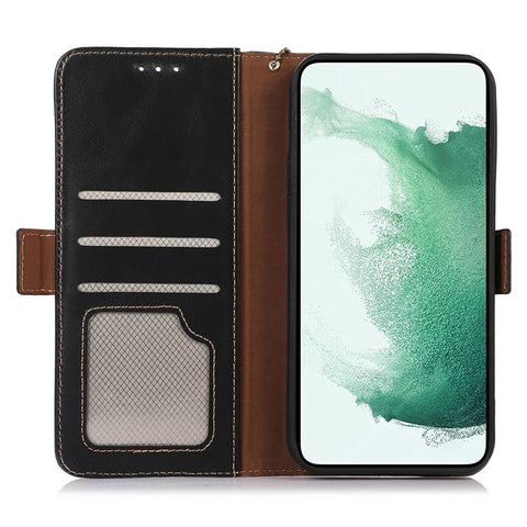 For Samsung Galaxy F14 5G RFID Blocking Phone Cover Genuine Cowhide Leather Case with Stand Wallet