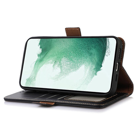 For Samsung Galaxy F14 5G RFID Blocking Phone Cover Genuine Cowhide Leather Case with Stand Wallet