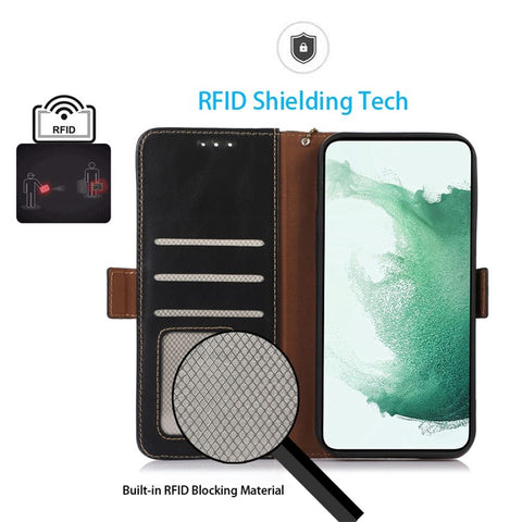 For Samsung Galaxy F14 5G RFID Blocking Phone Cover Genuine Cowhide Leather Case with Stand Wallet