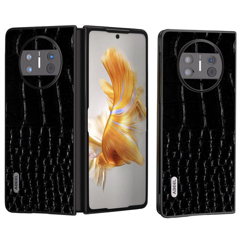 ABEEL For Huawei Mate X3 5G Crocodile Texture Shockproof Phone Case Genuine Cowhide Leather Coated PC Black Edge Cover