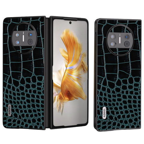 ABEEL For Huawei Mate X3 5G Crocodile Texture Shockproof Phone Case Genuine Cowhide Leather Coated PC Black Edge Cover