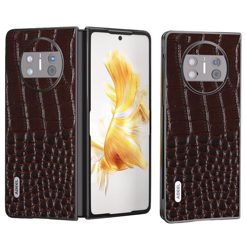 ABEEL For Huawei Mate X3 5G Crocodile Texture Shockproof Phone Case Genuine Cowhide Leather Coated PC Black Edge Cover