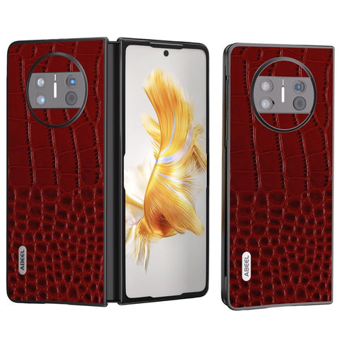 ABEEL For Huawei Mate X3 5G Crocodile Texture Shockproof Phone Case Genuine Cowhide Leather Coated PC Black Edge Cover
