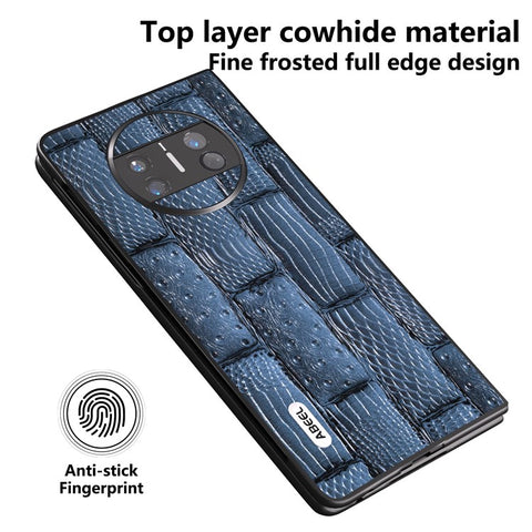 ABEEL For Huawei Mate X3 5G Mahjong Texture Anti-Slip Case Genuine Cowhide Leather Coated PC Black Edge Phone Cover