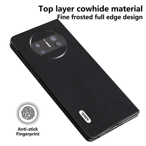 ABEEL For Huawei Mate X3 5G Shockproof Phone Case Black Edge Genuine Cowhide Leather Coated PC Back Cover