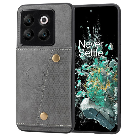 For OnePlus 10T 5G / Ace Pro 5G Dual Button Card Holder PU Leather Coated TPU Kickstand Case with Car Mount Metal Sheet