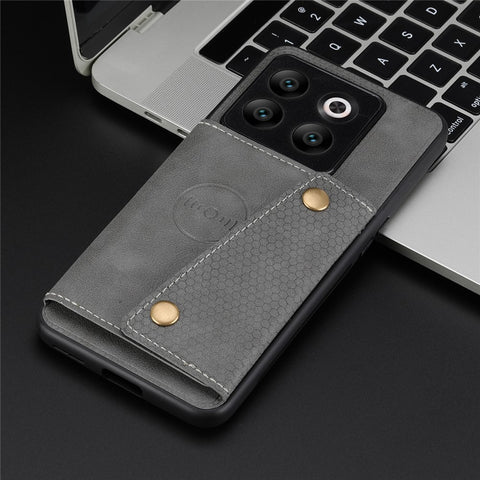 For OnePlus 10T 5G / Ace Pro 5G Dual Button Card Holder PU Leather Coated TPU Kickstand Case with Car Mount Metal Sheet