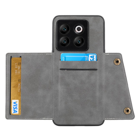 For OnePlus 10T 5G / Ace Pro 5G Dual Button Card Holder PU Leather Coated TPU Kickstand Case with Car Mount Metal Sheet