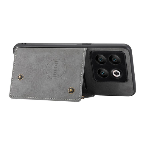 For OnePlus 10T 5G / Ace Pro 5G Dual Button Card Holder PU Leather Coated TPU Kickstand Case with Car Mount Metal Sheet
