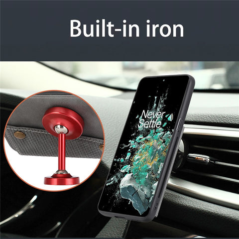 For OnePlus 10T 5G / Ace Pro 5G Dual Button Card Holder PU Leather Coated TPU Kickstand Case with Car Mount Metal Sheet