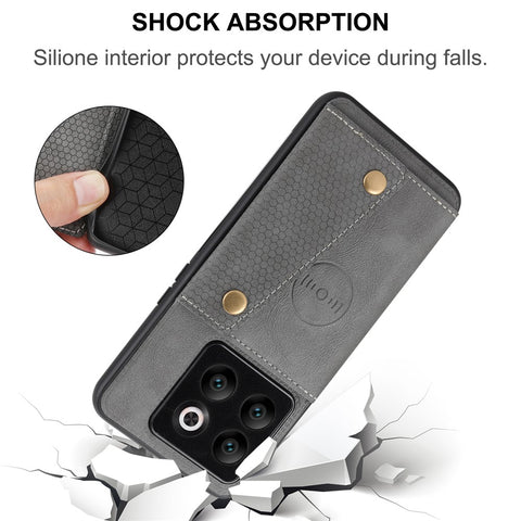 For OnePlus 10T 5G / Ace Pro 5G Dual Button Card Holder PU Leather Coated TPU Kickstand Case with Car Mount Metal Sheet