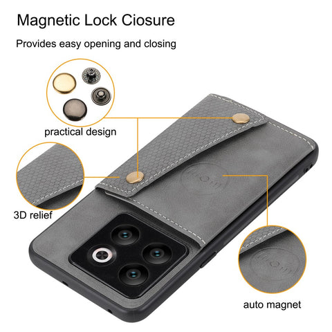 For OnePlus 10T 5G / Ace Pro 5G Dual Button Card Holder PU Leather Coated TPU Kickstand Case with Car Mount Metal Sheet