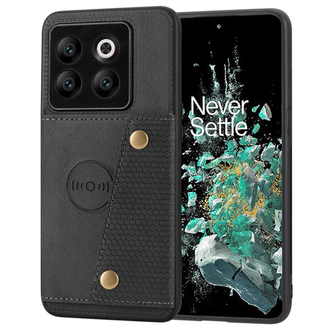 For OnePlus 10T 5G / Ace Pro 5G Dual Button Card Holder PU Leather Coated TPU Kickstand Case with Car Mount Metal Sheet