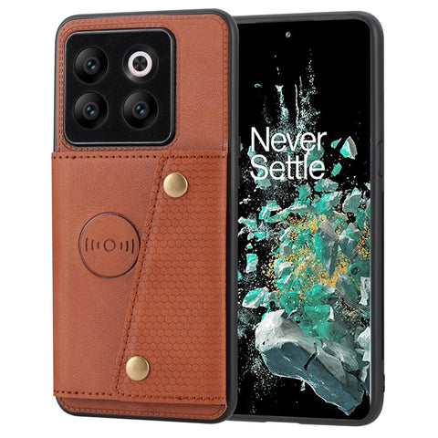 For OnePlus 10T 5G / Ace Pro 5G Dual Button Card Holder PU Leather Coated TPU Kickstand Case with Car Mount Metal Sheet