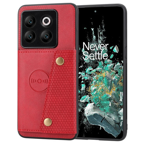 For OnePlus 10T 5G / Ace Pro 5G Dual Button Card Holder PU Leather Coated TPU Kickstand Case with Car Mount Metal Sheet