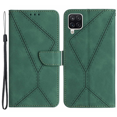HT05 For Samsung Galaxy A12 / M12 / F12 Imprinted Line Wallet Stand Skin-touch PU Leather Phone Case