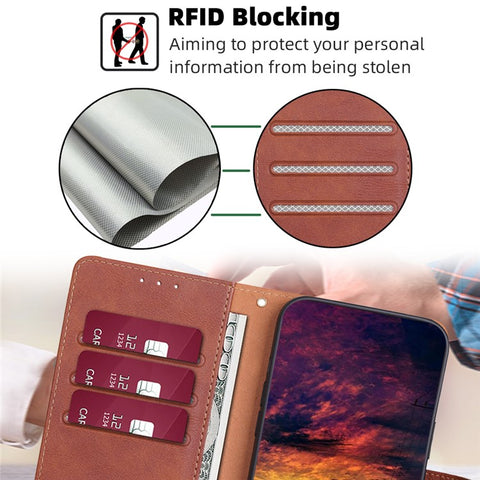 For Samsung Galaxy F14 5G RFID Blocking Wallet Phone Case PU Leather Cowhide Texture Stand Cover