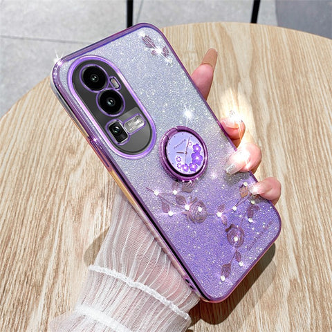 KADEM Glitter Gradient Phone Shell For Oppo Reno10 Pro+ 5G Rhinestone Flower TPU Case Cover with Kickstand