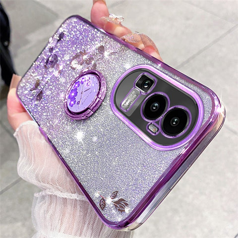 KADEM Glitter Gradient Phone Shell For Oppo Reno10 Pro+ 5G Rhinestone Flower TPU Case Cover with Kickstand