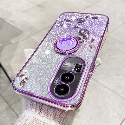 KADEM Glitter Gradient Phone Shell For Oppo Reno10 Pro+ 5G Rhinestone Flower TPU Case Cover with Kickstand
