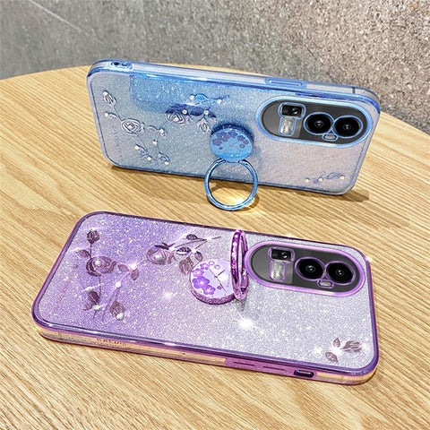 KADEM Glitter Gradient Phone Shell For Oppo Reno10 Pro+ 5G Rhinestone Flower TPU Case Cover with Kickstand