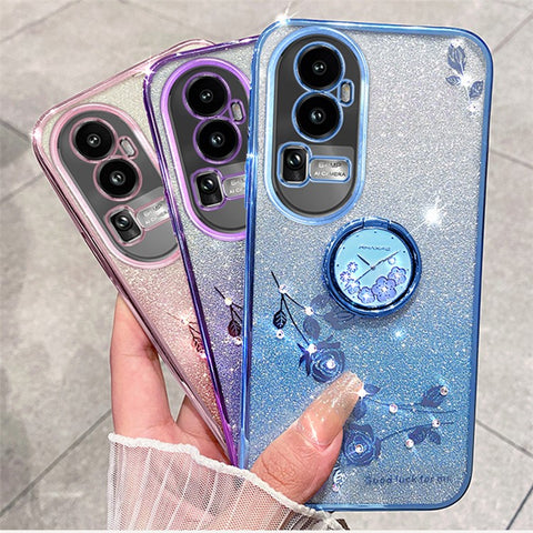 KADEM Glitter Gradient Phone Shell For Oppo Reno10 Pro+ 5G Rhinestone Flower TPU Case Cover with Kickstand