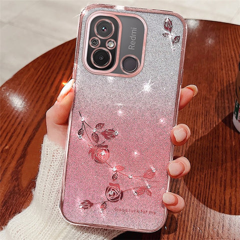 KADEM For Xiaomi Redmi 12C 4G / 11A 4G / Poco C55 4G Phone Cover Flower Rhinestone Gradient Glitter TPU Case