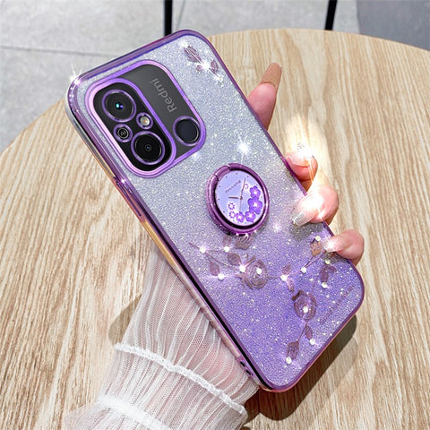 KADEM Electroplating Phone Case for Xiaomi Redmi 12C 4G / 11A 4G / Poco C55 4G Glitter Gradient Rhinestone Flower TPU Kickstand Cover