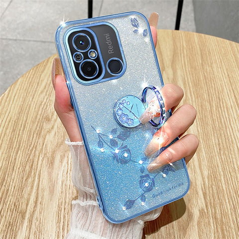 KADEM Electroplating Phone Case for Xiaomi Redmi 12C 4G / 11A 4G / Poco C55 4G Glitter Gradient Rhinestone Flower TPU Kickstand Cover