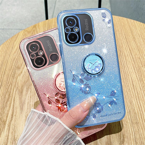 KADEM Electroplating Phone Case for Xiaomi Redmi 12C 4G / 11A 4G / Poco C55 4G Glitter Gradient Rhinestone Flower TPU Kickstand Cover