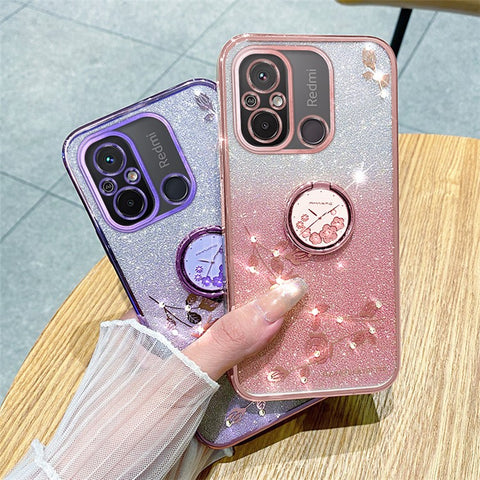 KADEM Electroplating Phone Case for Xiaomi Redmi 12C 4G / 11A 4G / Poco C55 4G Glitter Gradient Rhinestone Flower TPU Kickstand Cover