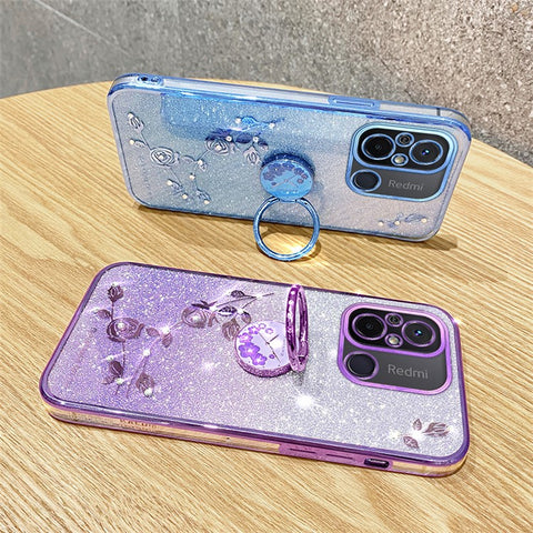 KADEM Electroplating Phone Case for Xiaomi Redmi 12C 4G / 11A 4G / Poco C55 4G Glitter Gradient Rhinestone Flower TPU Kickstand Cover