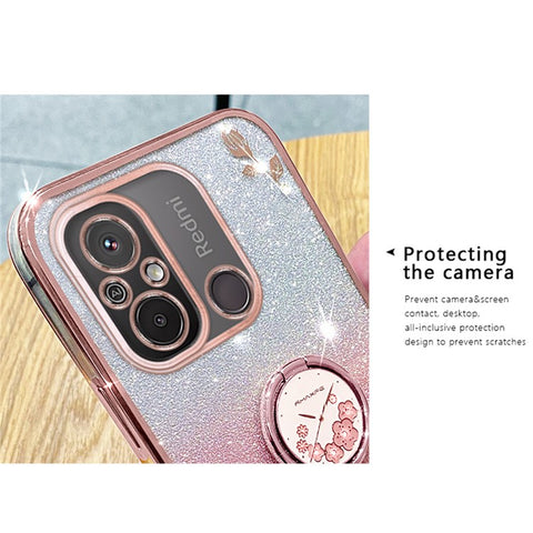 KADEM Electroplating Phone Case for Xiaomi Redmi 12C 4G / 11A 4G / Poco C55 4G Glitter Gradient Rhinestone Flower TPU Kickstand Cover
