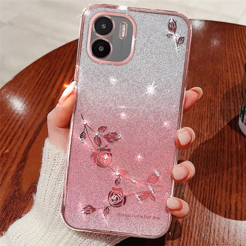 KADEM For Xiaomi Redmi A1 4G / A2 4G TPU Phone Cover Flower Rhinestone Gradient Glitter Drop Protection Case