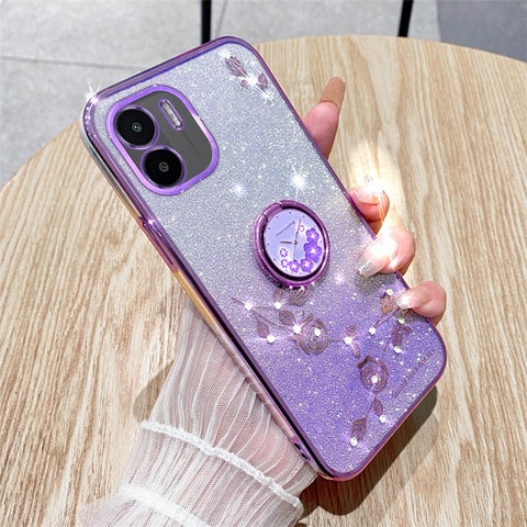 KADEM Kickstand Shell for Xiaomi Redmi A1 4G / A2 4G Glitter Gradient Rhinestone Flower Phone Cover TPU Electroplating Case