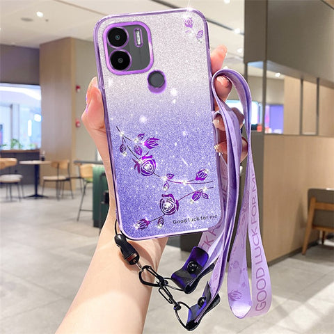 KADEM Glitter Rhinestone TPU Phone Case Xiaomi Redmi A1+ 4G / A2+ 4G / Poco C50 4G Gradient Color Phone Shell Cover with Strap