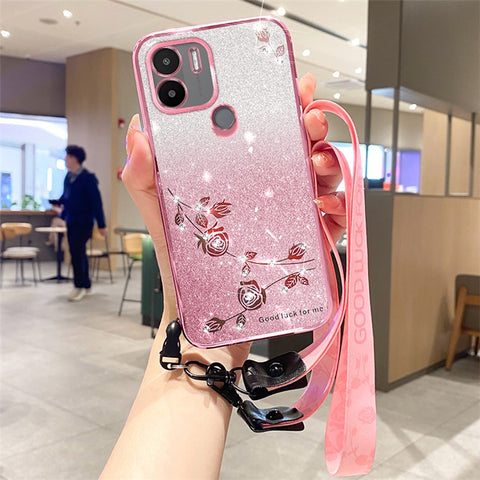 KADEM Glitter Rhinestone TPU Phone Case Xiaomi Redmi A1+ 4G / A2+ 4G / Poco C50 4G Gradient Color Phone Shell Cover with Strap