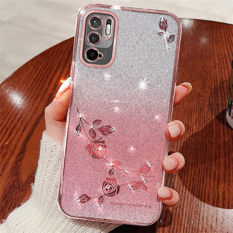 KADEM Back Case for Xiaomi Redmi Note 10 5G / 10T 5G / 11SE 5G / Poco M3 Pro 4G / 5G Gradient Glitter Flower Rhinestone TPU Phone Cover