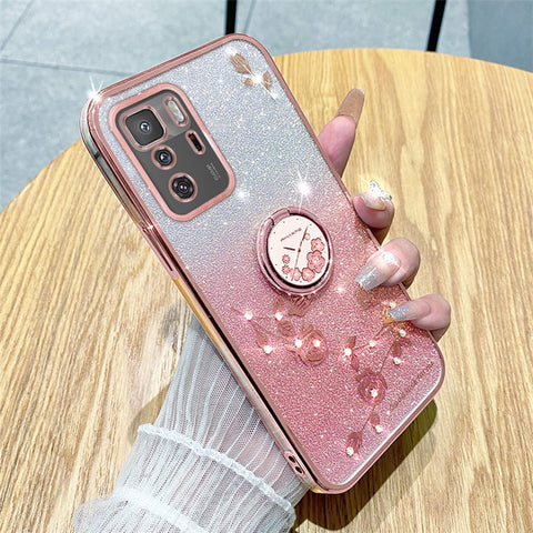 KADEM For Xiaomi Poco X3 GT / Redmi Note 10 Pro 5G (China) Electroplating Cell Phone Case Glitter Gradient Rhinestone Flower TPU Cover with Kickstand