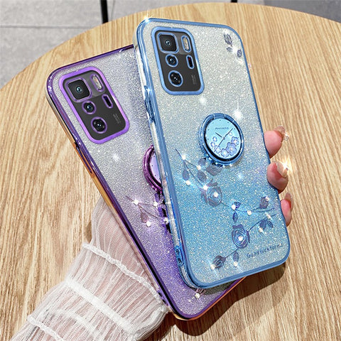 KADEM For Xiaomi Poco X3 GT / Redmi Note 10 Pro 5G (China) Electroplating Cell Phone Case Glitter Gradient Rhinestone Flower TPU Cover with Kickstand