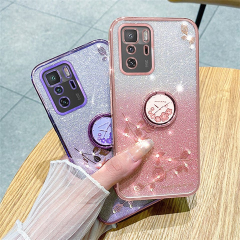 KADEM For Xiaomi Poco X3 GT / Redmi Note 10 Pro 5G (China) Electroplating Cell Phone Case Glitter Gradient Rhinestone Flower TPU Cover with Kickstand