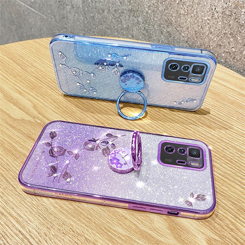 KADEM For Xiaomi Poco X3 GT / Redmi Note 10 Pro 5G (China) Electroplating Cell Phone Case Glitter Gradient Rhinestone Flower TPU Cover with Kickstand