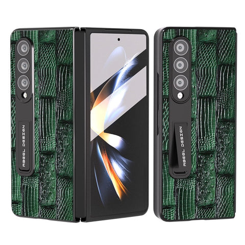 ABEEL For Samsung Galaxy Z Fold3 Genuine Cow Leather+PC Phone Case Mahjong Texture Kickstand Folding Cover Case with Screen Film