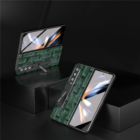 ABEEL For Samsung Galaxy Z Fold3 Genuine Cow Leather+PC Phone Case Mahjong Texture Kickstand Folding Cover Case with Screen Film