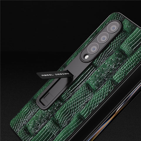 ABEEL For Samsung Galaxy Z Fold3 Genuine Cow Leather+PC Phone Case Mahjong Texture Kickstand Folding Cover Case with Screen Film