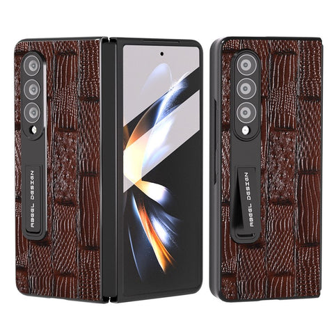 ABEEL For Samsung Galaxy Z Fold3 Genuine Cow Leather+PC Phone Case Mahjong Texture Kickstand Folding Cover Case with Screen Film